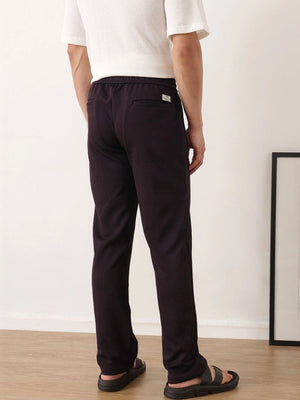 Wine Smart Regular Fit Mid-Rise Textured Pleated Knitted Casual Trouser For Men
