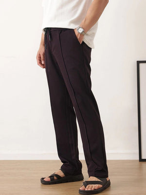 Wine Smart Regular Fit Mid-Rise Textured Pleated Knitted Casual Trouser For Men