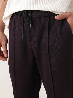 Wine Smart Regular Fit Mid-Rise Textured Pleated Knitted Casual Trouser For Men