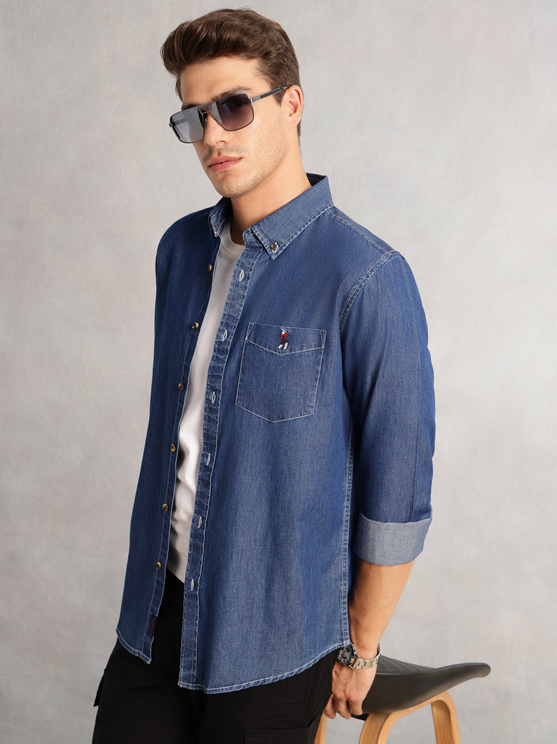 Thomas Scott Men Navy Cricket Club Collection Button-Down Collar Long Sleeves Dark Shade Regular Fit 100% Cotton Denim Shirt