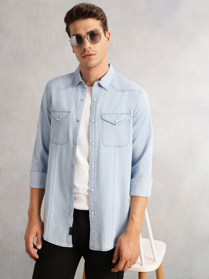 Thomas Scott Men Blue Cricket Club Collection Regular Fit Long Sleeves Spread Collar Cotton Denim Casual Shirt