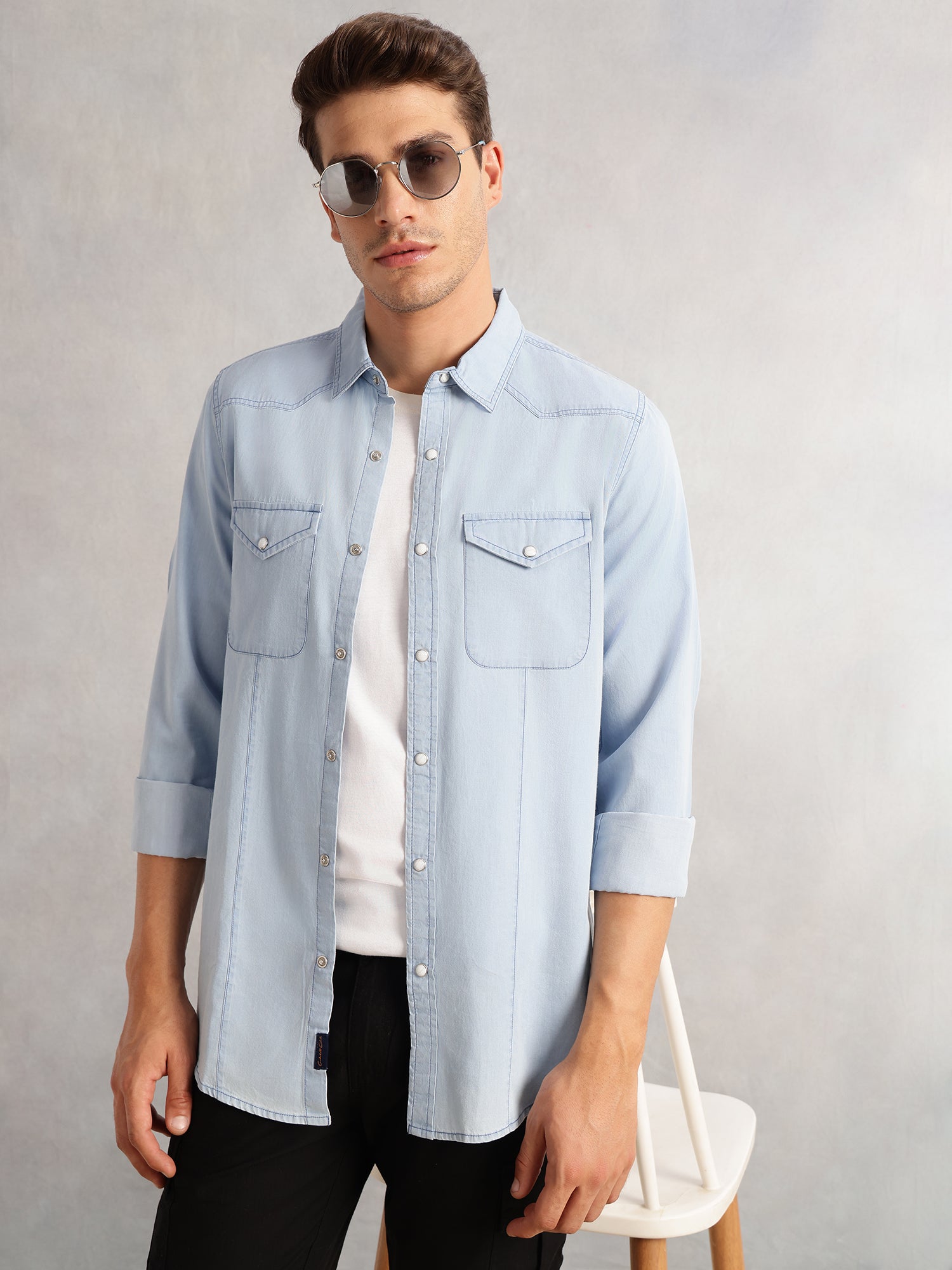 Thomas Scott Men Blue Cricket Club Collection Regular Fit Long Sleeves Spread Collar Cotton Denim Casual Shirt