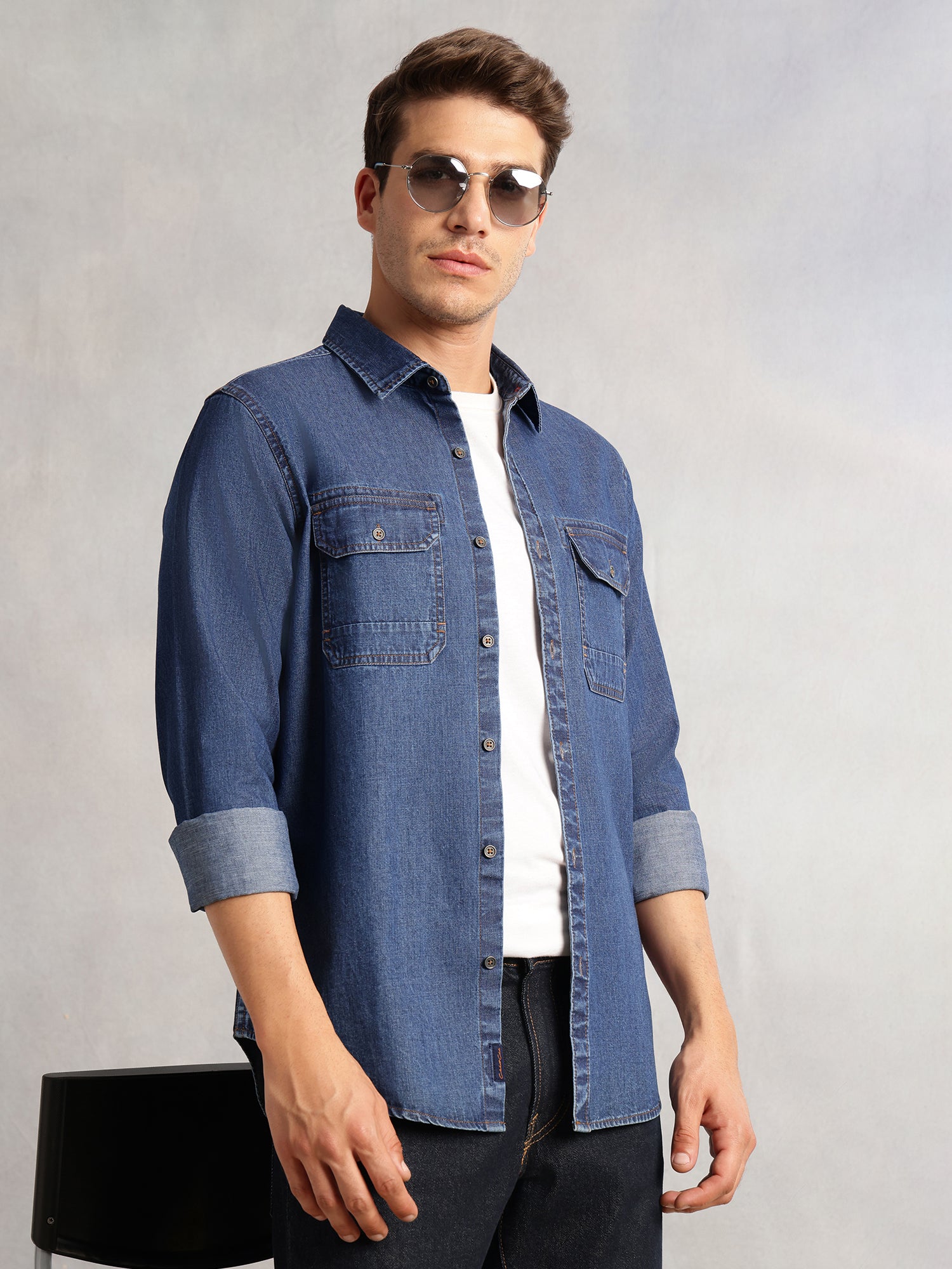 Thomas Scott Men Navy Cricket Club Collection Regular Fit Long Sleeves Spread Collar 100% Cotton Denim Casual Shirt