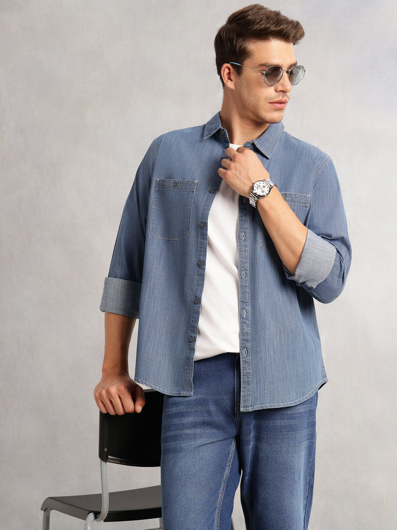 Thomas Scott Men Navy Cricket Club Collection Regular Fit Long Sleeves Spread Collar Medium Shade Cotton Denim Shirt
