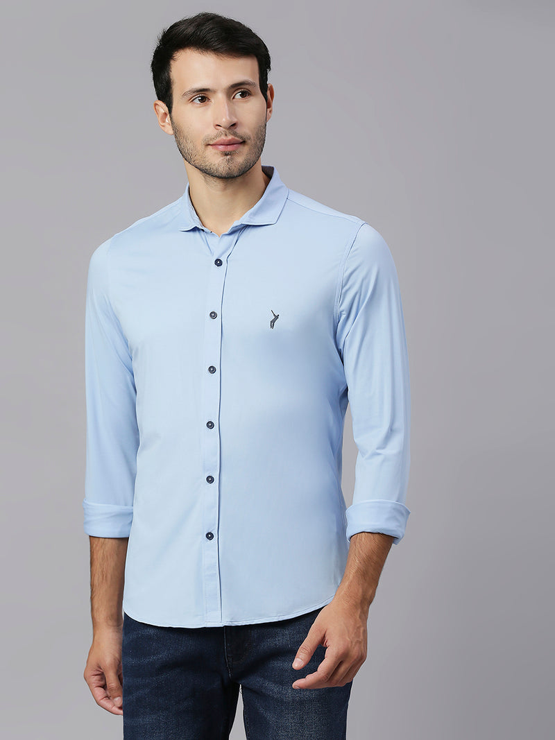 Thomas Scott Men Blue Slim Fit Long Sleeves Spread Collar Four Way Stretch Knitted Casual Shirt