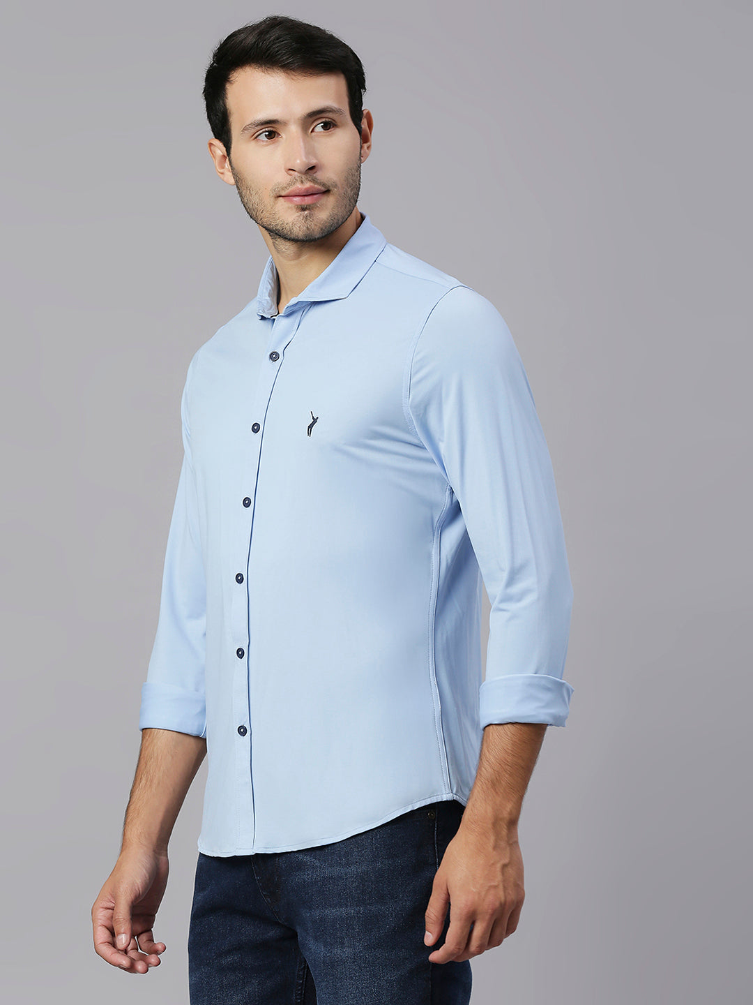 Thomas Scott Men Blue Slim Fit Long Sleeves Spread Collar Four Way Stretch Knitted Casual Shirt