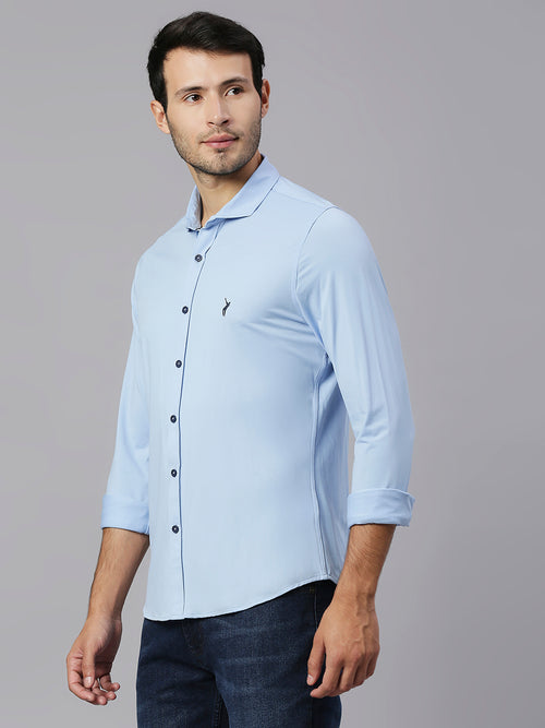 Thomas Scott Men Blue Slim Fit Long Sleeves Spread Collar Four Way Stretch Knitted Casual Shirt