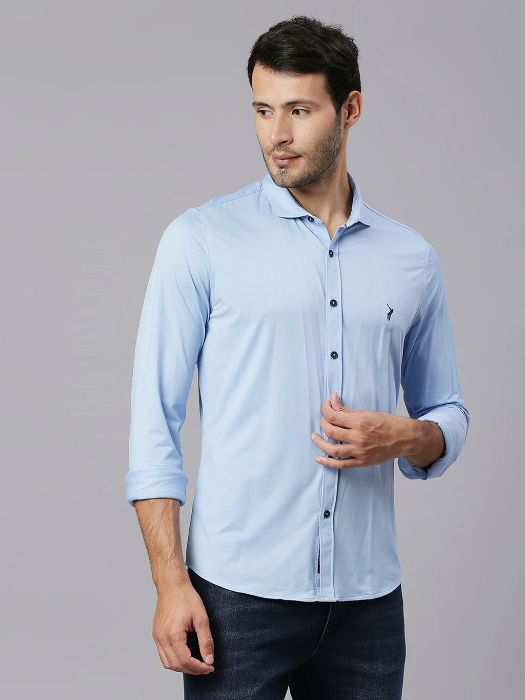 Thomas Scott Men Blue Slim Fit Long Sleeves Spread Collar Four Way Stretch Knitted Casual Shirt