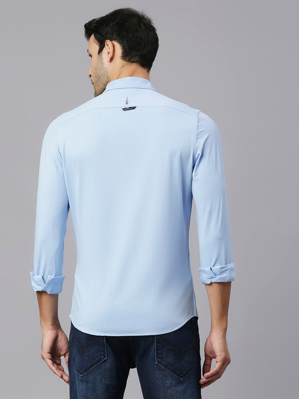 Thomas Scott Men Blue Slim Fit Long Sleeves Spread Collar Four Way Stretch Knitted Casual Shirt