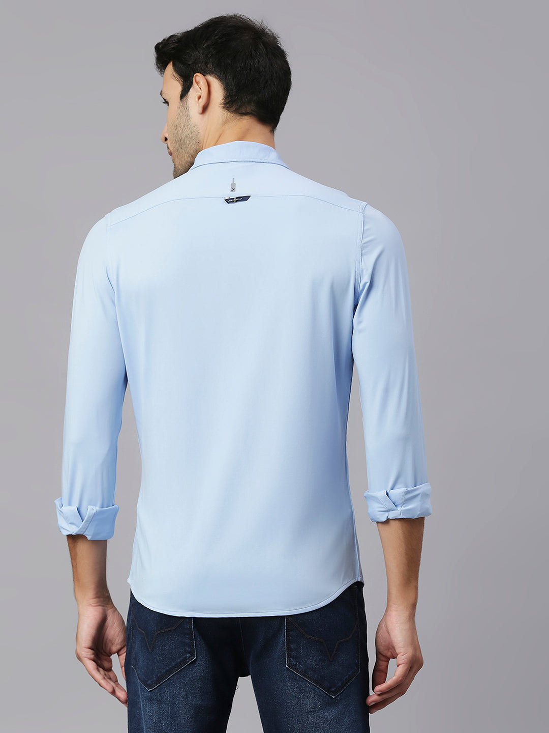 Thomas Scott Men Blue Slim Fit Long Sleeves Spread Collar Four Way Stretch Knitted Casual Shirt