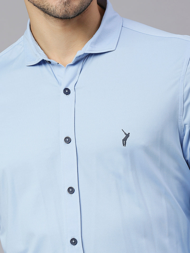 Thomas Scott Men Blue Slim Fit Long Sleeves Spread Collar Four Way Stretch Knitted Casual Shirt