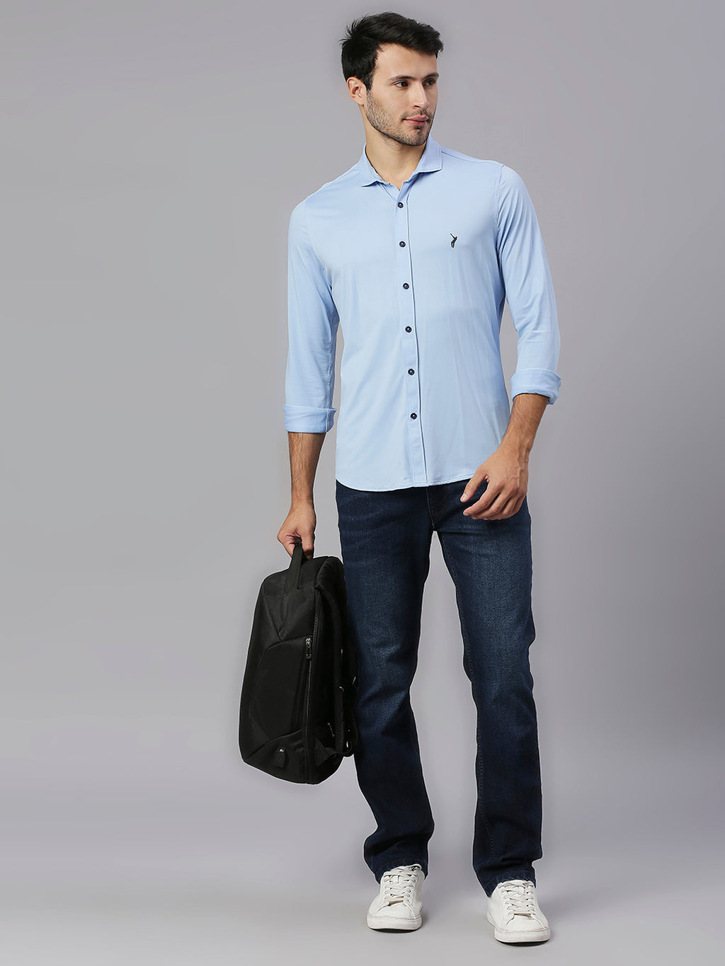 Thomas Scott Men Blue Slim Fit Long Sleeves Spread Collar Four Way Stretch Knitted Casual Shirt