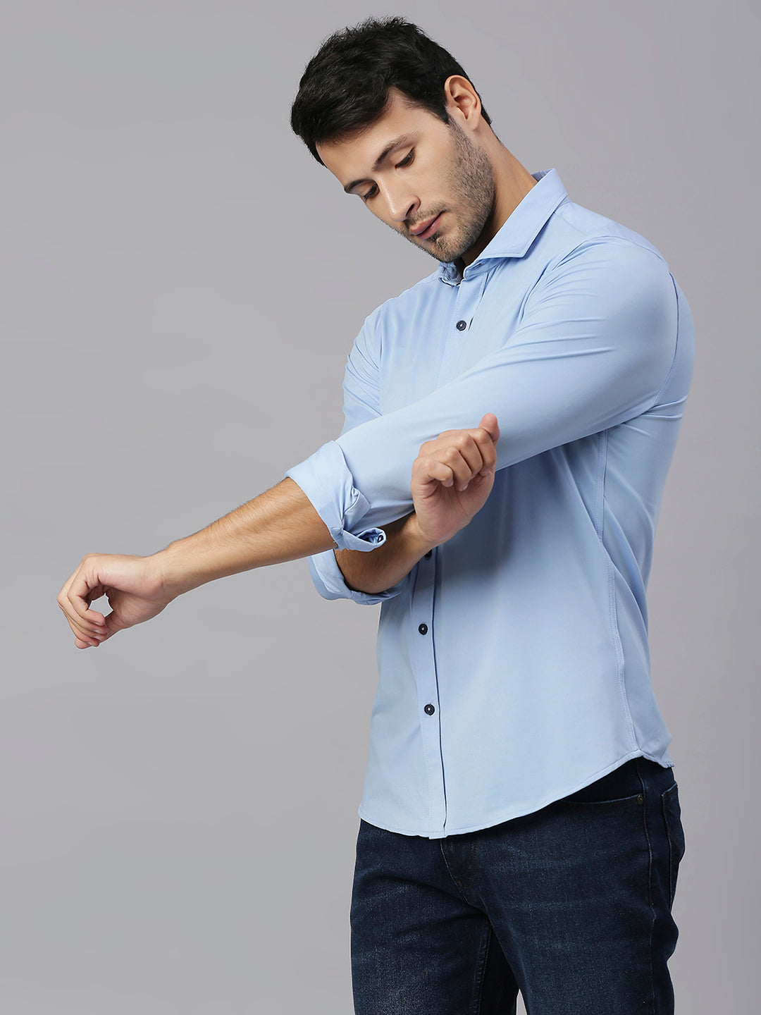 Thomas Scott Men Blue Slim Fit Long Sleeves Spread Collar Four Way Stretch Knitted Casual Shirt