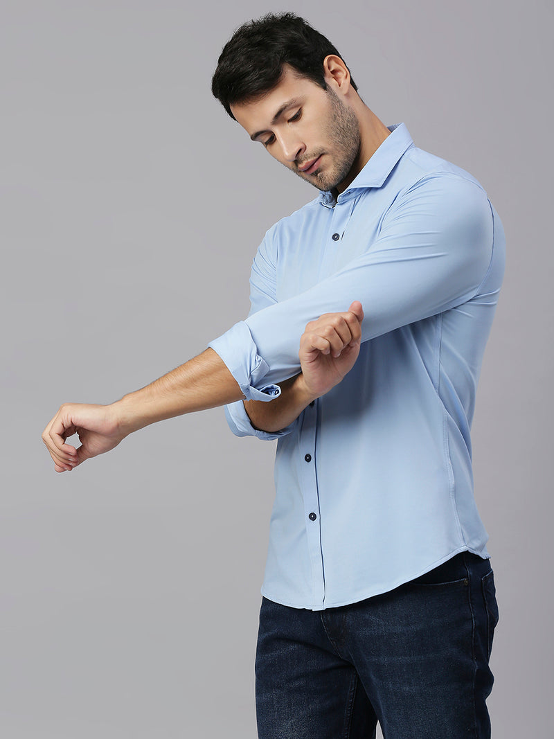 Thomas Scott Men Blue Slim Fit Long Sleeves Spread Collar Four Way Stretch Knitted Casual Shirt