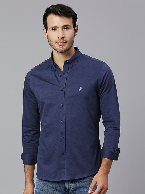Thomas Scott Men Navy Classic Slim Fit Long Sleeves Button-Down Collar Solid Knitted Casual Shirt