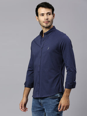 Thomas Scott Men Navy Classic Slim Fit Long Sleeves Button-Down Collar Solid Knitted Casual Shirt