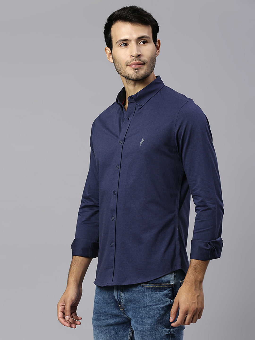 Thomas Scott Men Navy Classic Slim Fit Long Sleeves Button-Down Collar Solid Knitted Casual Shirt