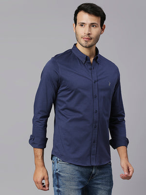 Thomas Scott Men Navy Classic Slim Fit Long Sleeves Button-Down Collar Solid Knitted Casual Shirt