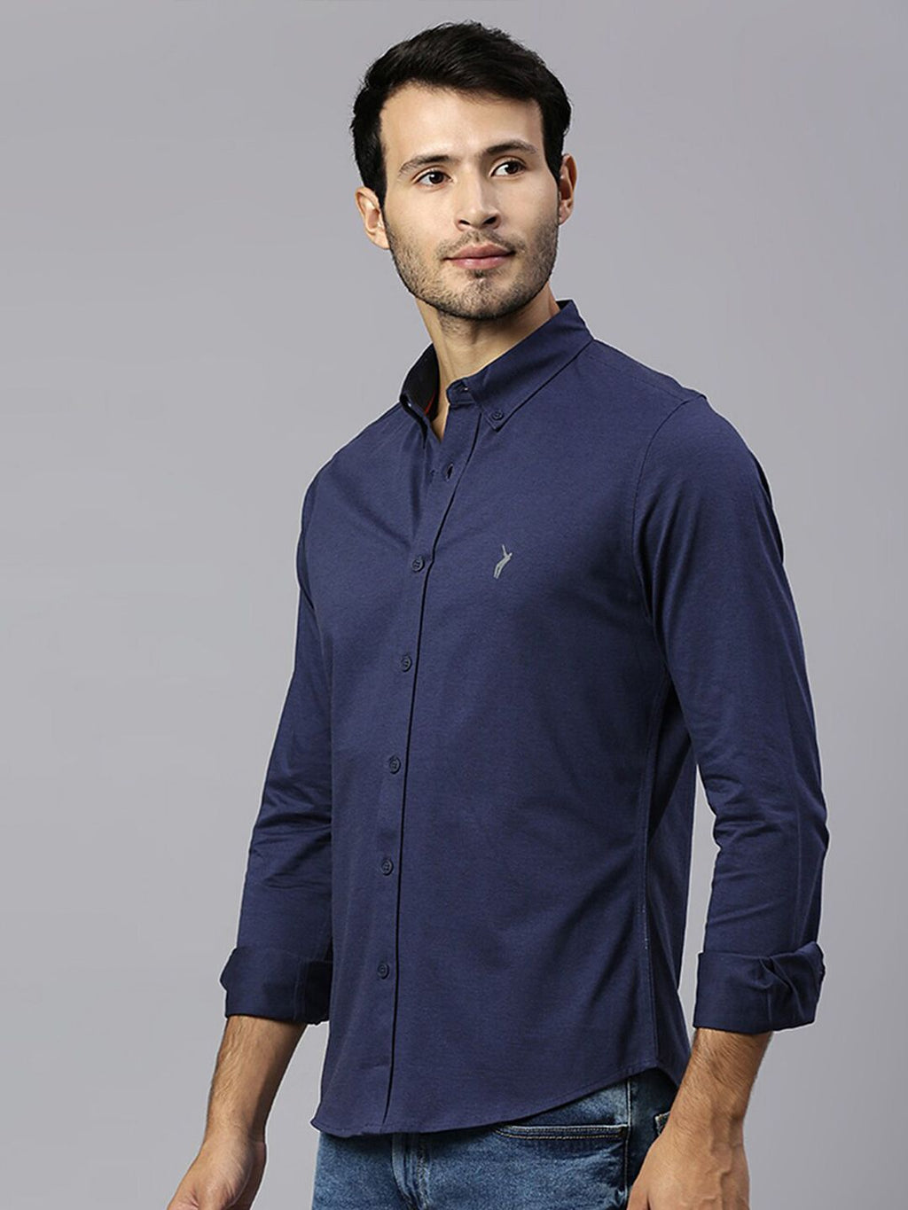 Thomas Scott Men Navy Classic Slim Fit Long Sleeves Button-Down Collar Solid Knitted Casual Shirt