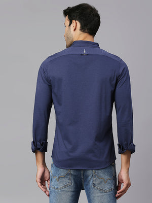 Thomas Scott Men Navy Classic Slim Fit Long Sleeves Button-Down Collar Solid Knitted Casual Shirt