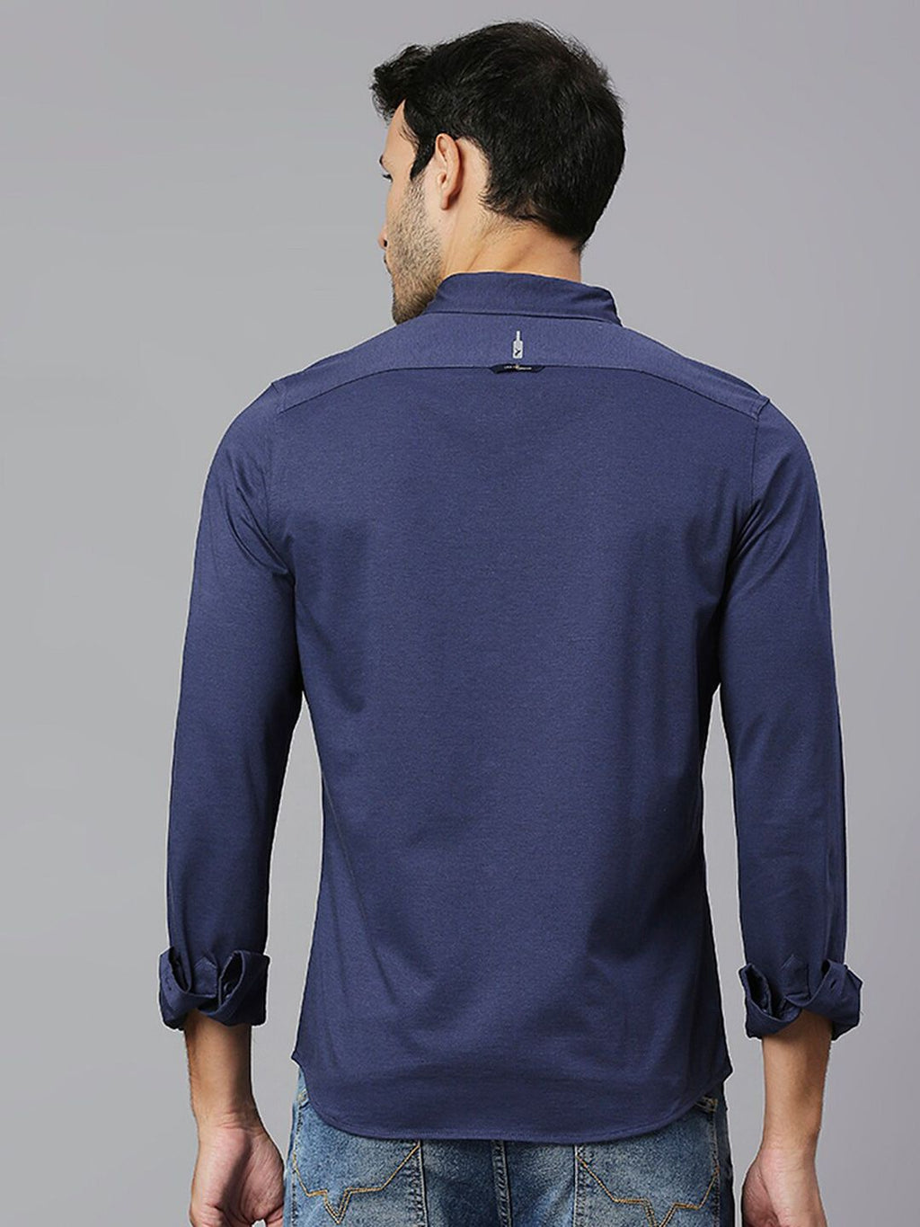 Thomas Scott Men Navy Classic Slim Fit Long Sleeves Button-Down Collar Solid Knitted Casual Shirt