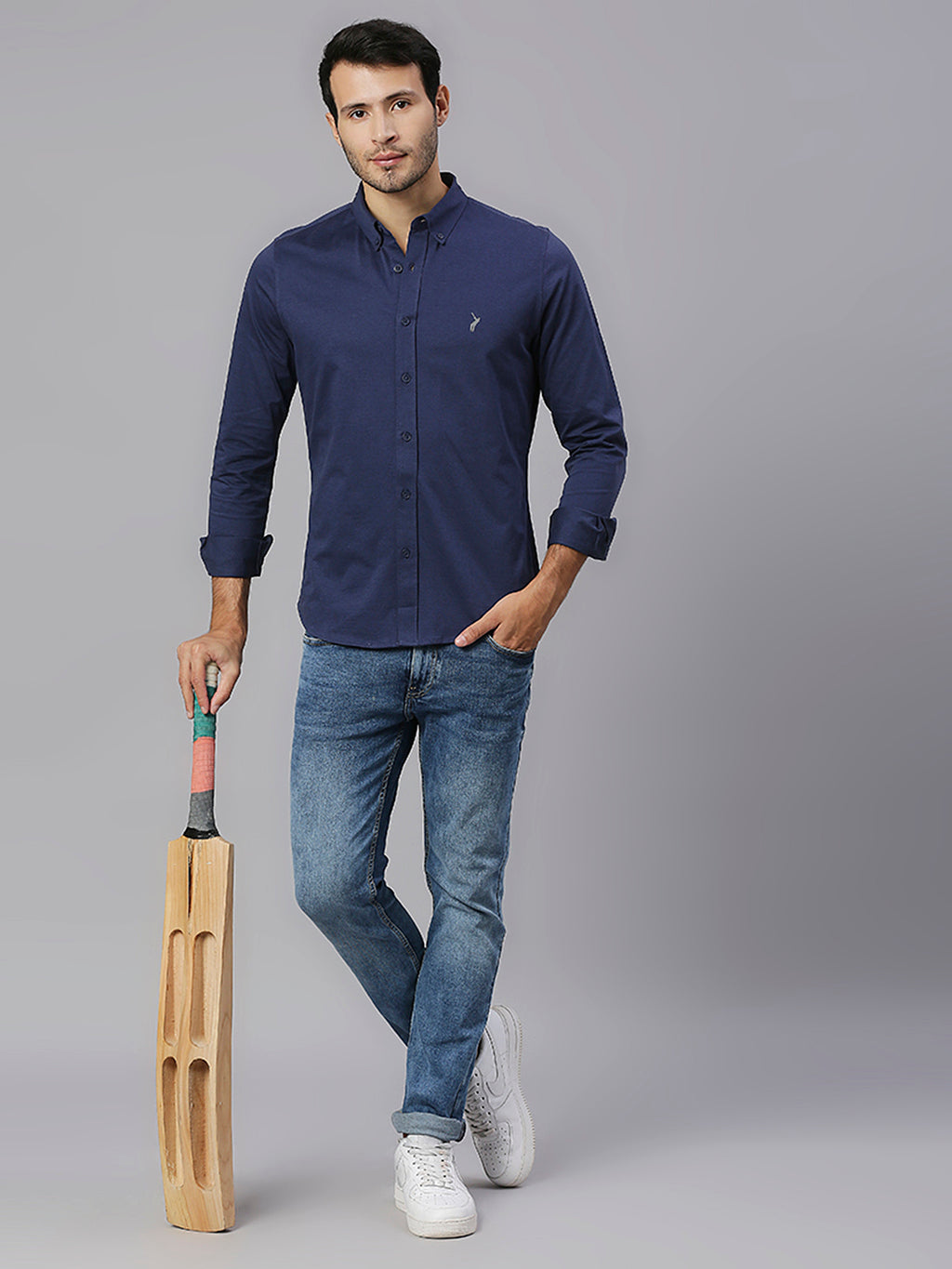 Thomas Scott Men Navy Classic Slim Fit Long Sleeves Button-Down Collar Solid Knitted Casual Shirt