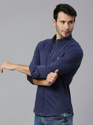 Thomas Scott Men Navy Classic Slim Fit Long Sleeves Button-Down Collar Solid Knitted Casual Shirt