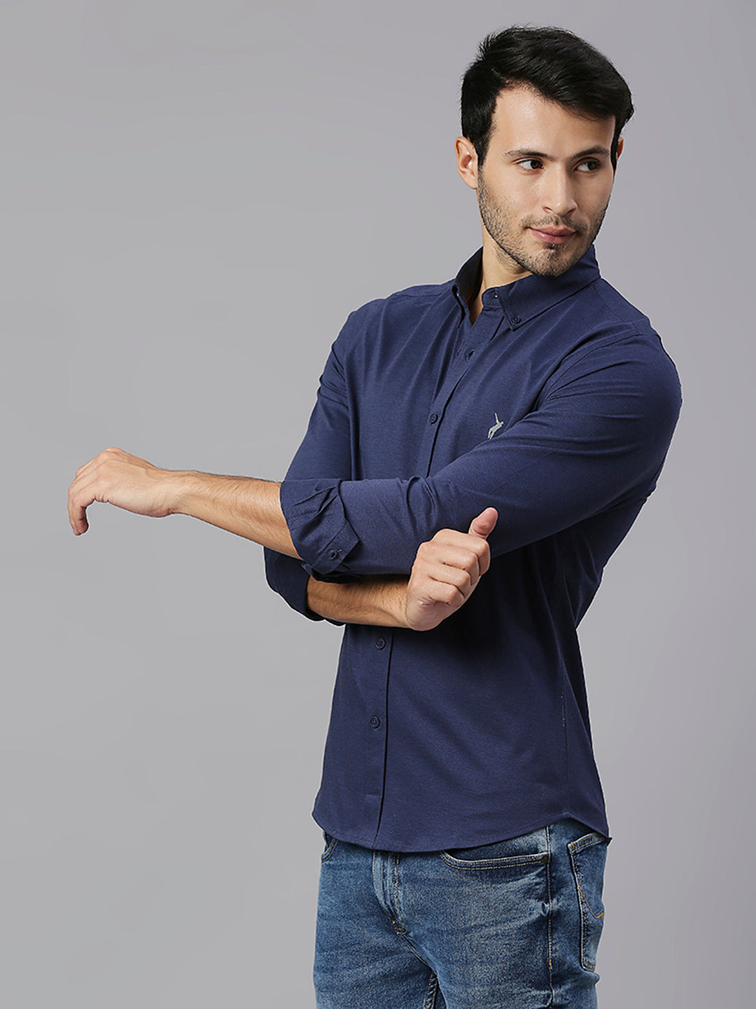 Thomas Scott Men Navy Classic Slim Fit Long Sleeves Button-Down Collar Solid Knitted Casual Shirt