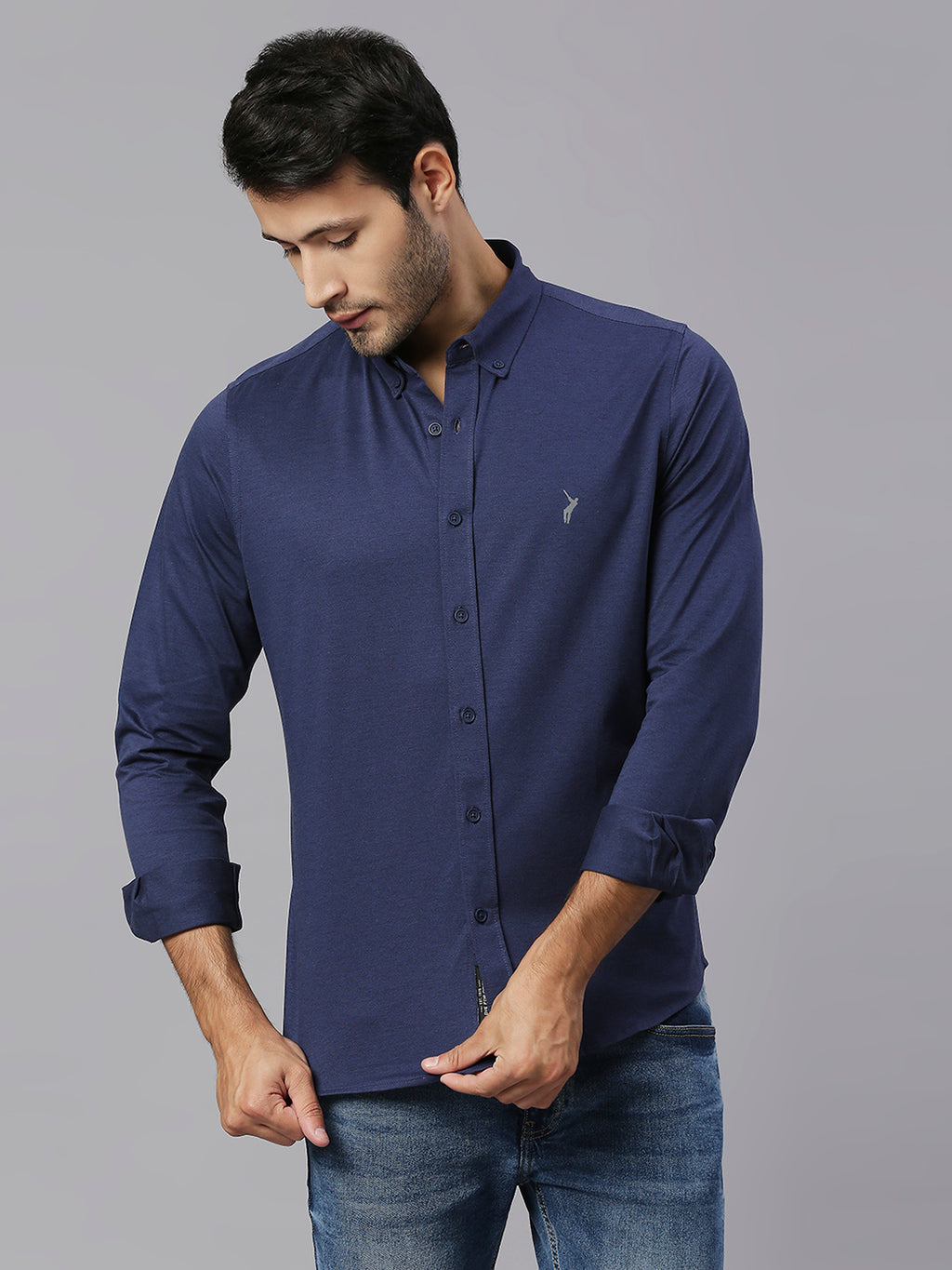 Thomas Scott Men Navy Classic Slim Fit Long Sleeves Button-Down Collar Solid Knitted Casual Shirt
