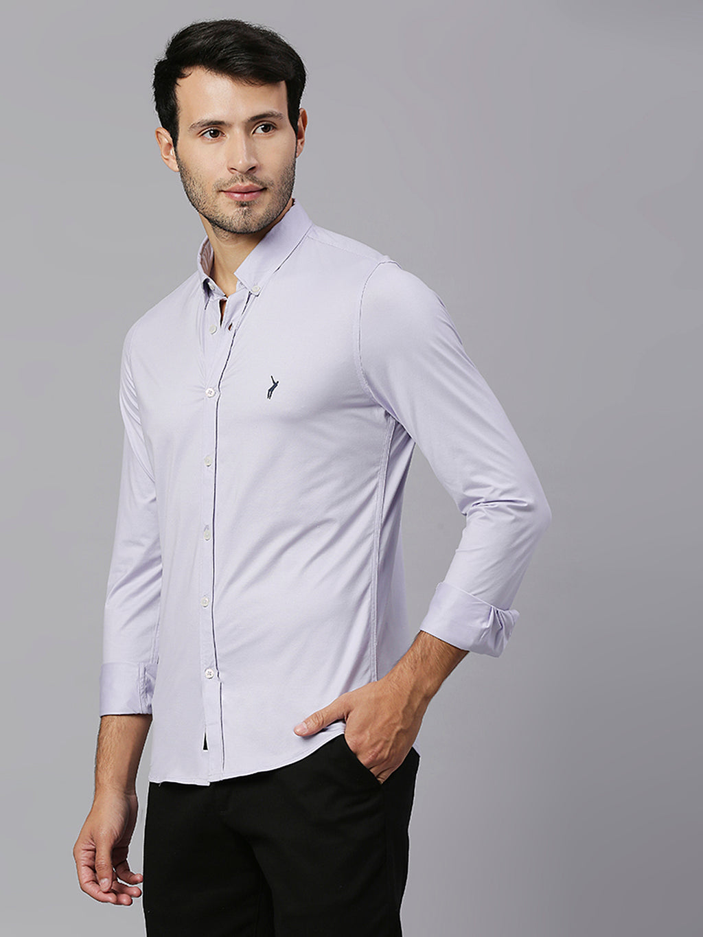 Thomas Scott Men Purple Classic Slim Fit Long Sleeves Button-Down Collar Solid Knitted Casual Shirt