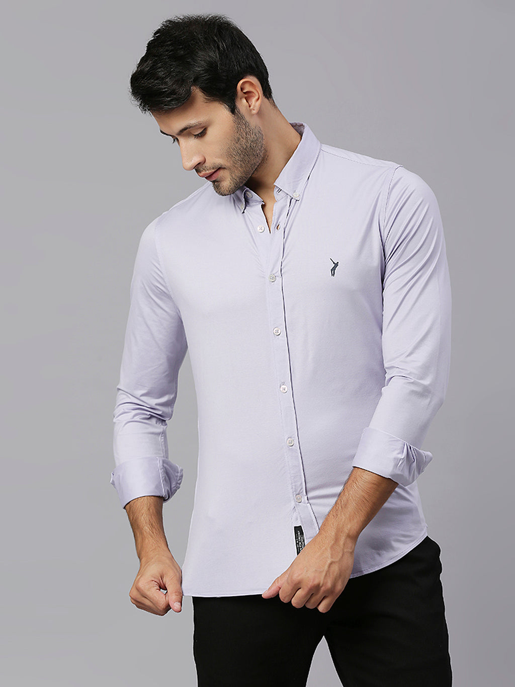 Thomas Scott Men Purple Classic Slim Fit Long Sleeves Button-Down Collar Solid Knitted Casual Shirt