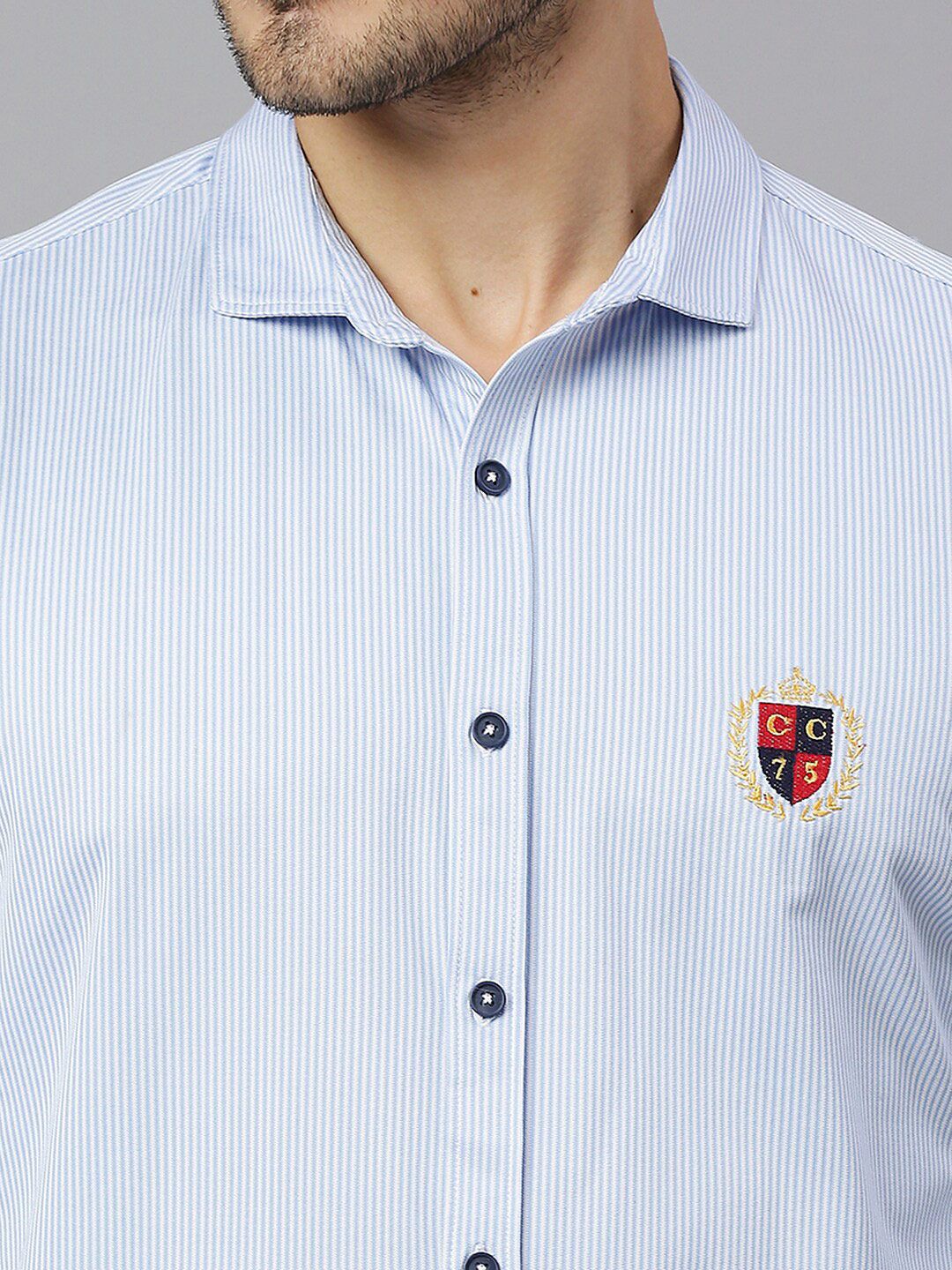Thomas Scott Men Baby Blue Classic Slim Fit Long Sleeves Spread Collar Pinstripes Knitted Casual Shirt