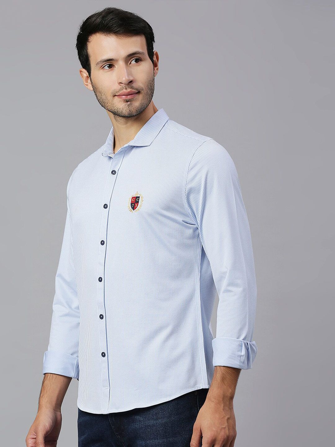 Thomas Scott Men Baby Blue Classic Slim Fit Long Sleeves Spread Collar Pinstripes Knitted Casual Shirt