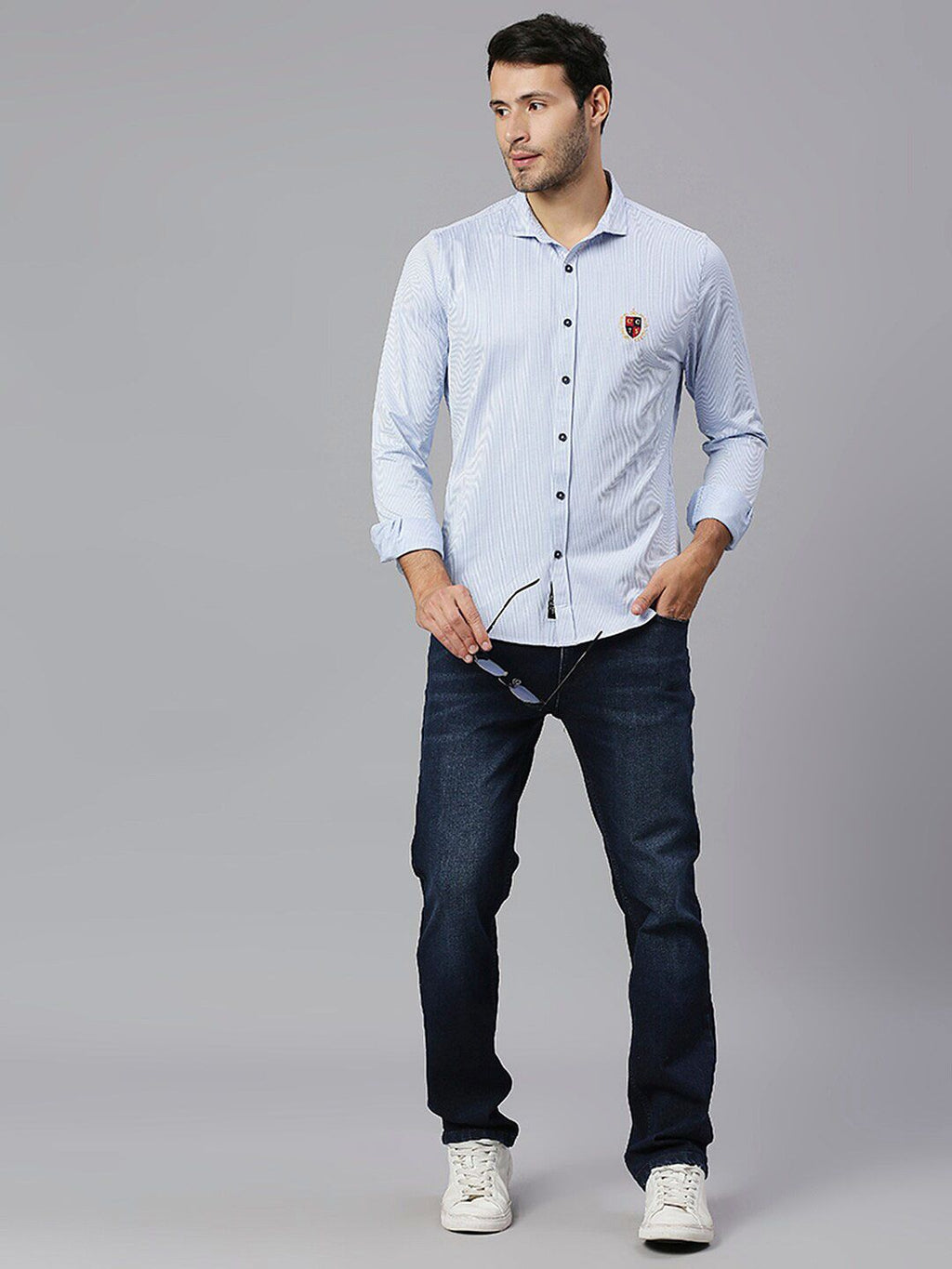 Thomas Scott Men Baby Blue Classic Slim Fit Long Sleeves Spread Collar Pinstripes Knitted Casual Shirt