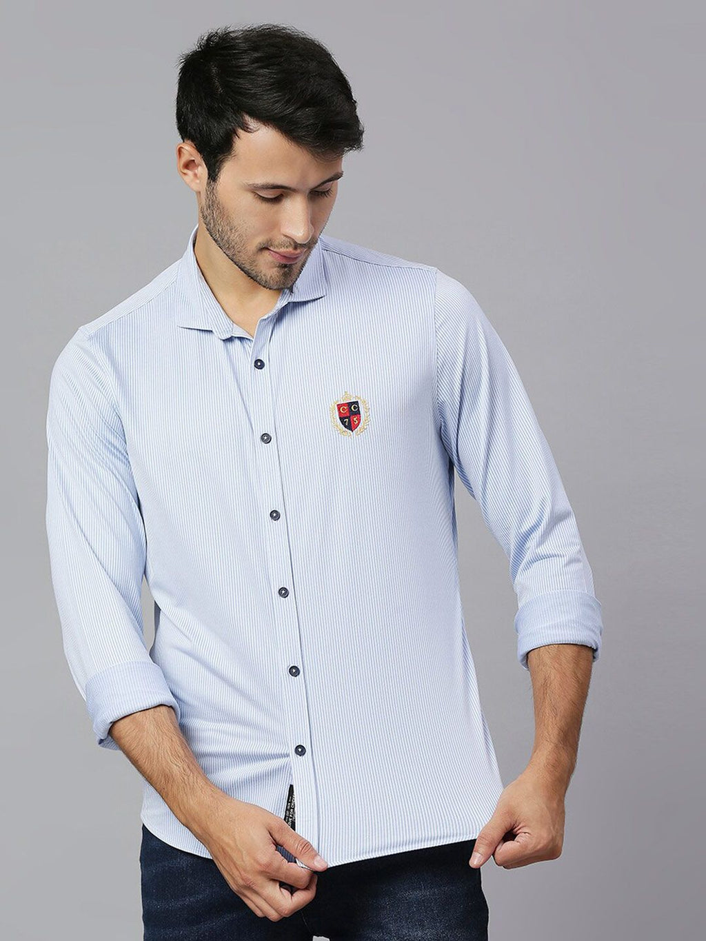 Thomas Scott Men Baby Blue Classic Slim Fit Long Sleeves Spread Collar Pinstripes Knitted Casual Shirt