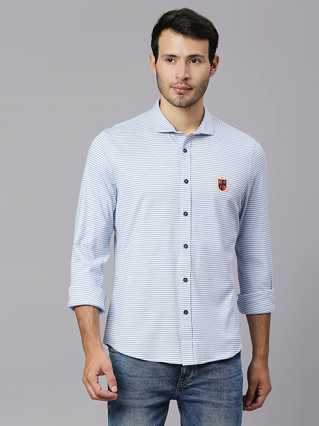 Thomas Scott Men Light Blue Classic Slim Fit Long Sleeves Spread Collar Pinstripes Knitted Casual Shirt