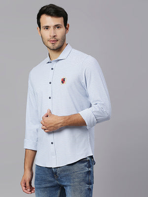 Thomas Scott Men Light Blue Classic Slim Fit Long Sleeves Spread Collar Pinstripes Knitted Casual Shirt