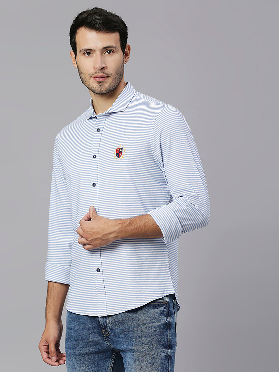 Thomas Scott Men Light Blue Classic Slim Fit Long Sleeves Spread Collar Pinstripes Knitted Casual Shirt