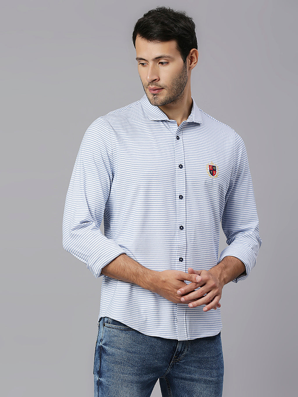 Thomas Scott Men Light Blue Classic Slim Fit Long Sleeves Spread Collar Pinstripes Knitted Casual Shirt