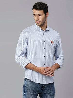 Thomas Scott Men Light Blue Classic Slim Fit Long Sleeves Spread Collar Pinstripes Knitted Casual Shirt