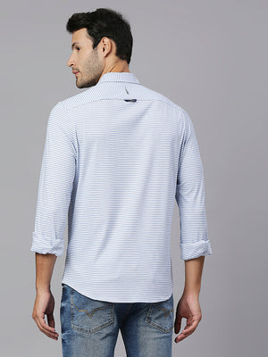 Thomas Scott Men Light Blue Classic Slim Fit Long Sleeves Spread Collar Pinstripes Knitted Casual Shirt