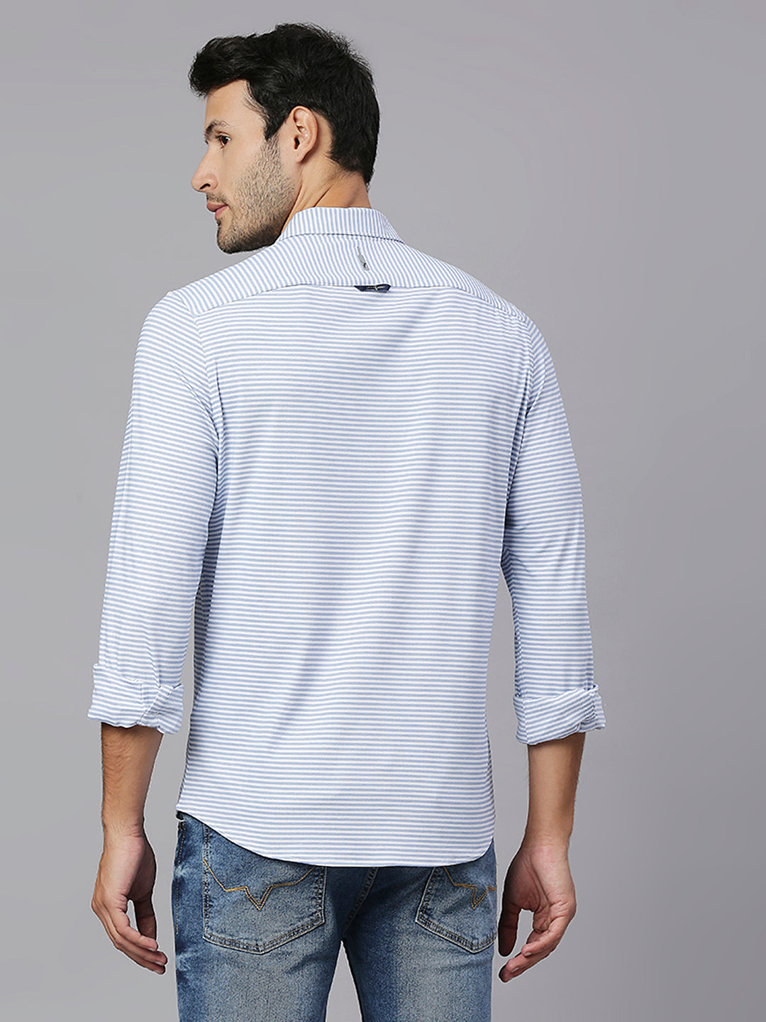 Thomas Scott Men Light Blue Classic Slim Fit Long Sleeves Spread Collar Pinstripes Knitted Casual Shirt