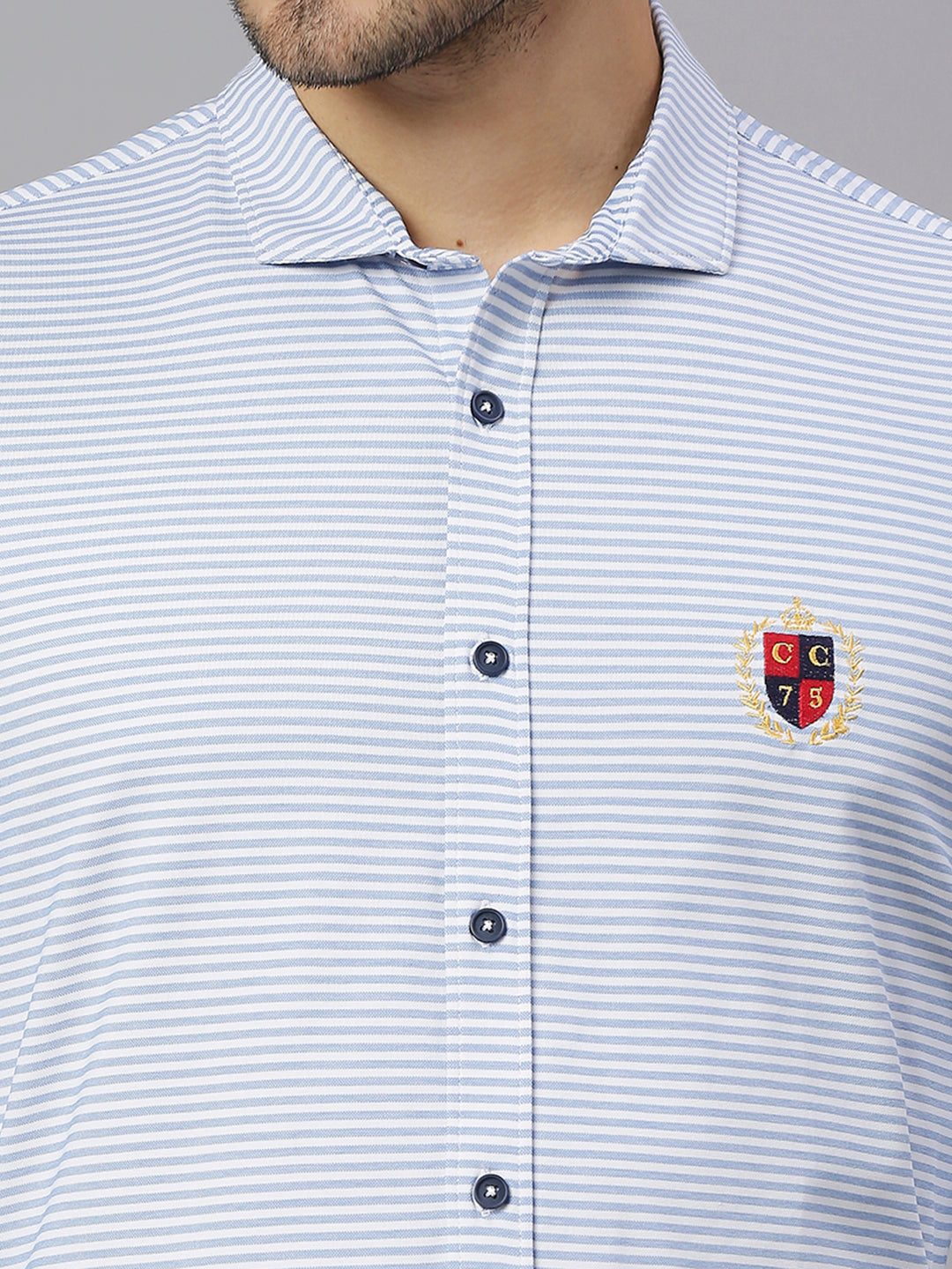 Thomas Scott Men Light Blue Classic Slim Fit Long Sleeves Spread Collar Pinstripes Knitted Casual Shirt