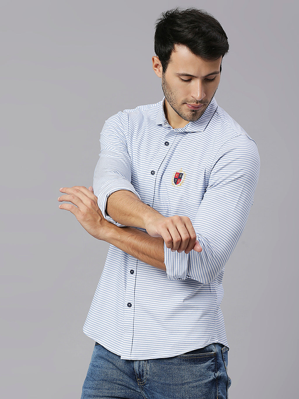Thomas Scott Men Light Blue Classic Slim Fit Long Sleeves Spread Collar Pinstripes Knitted Casual Shirt