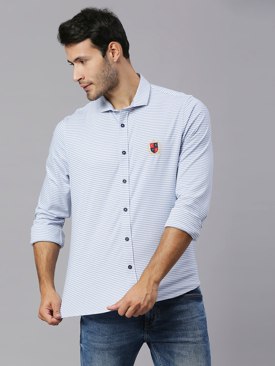 Thomas Scott Men Light Blue Classic Slim Fit Long Sleeves Spread Collar Pinstripes Knitted Casual Shirt