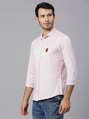 Thomas Scott Men Pink Classic Slim Fit Long Sleeves Spread Collar Pinstripes Knitted Casual Shirt