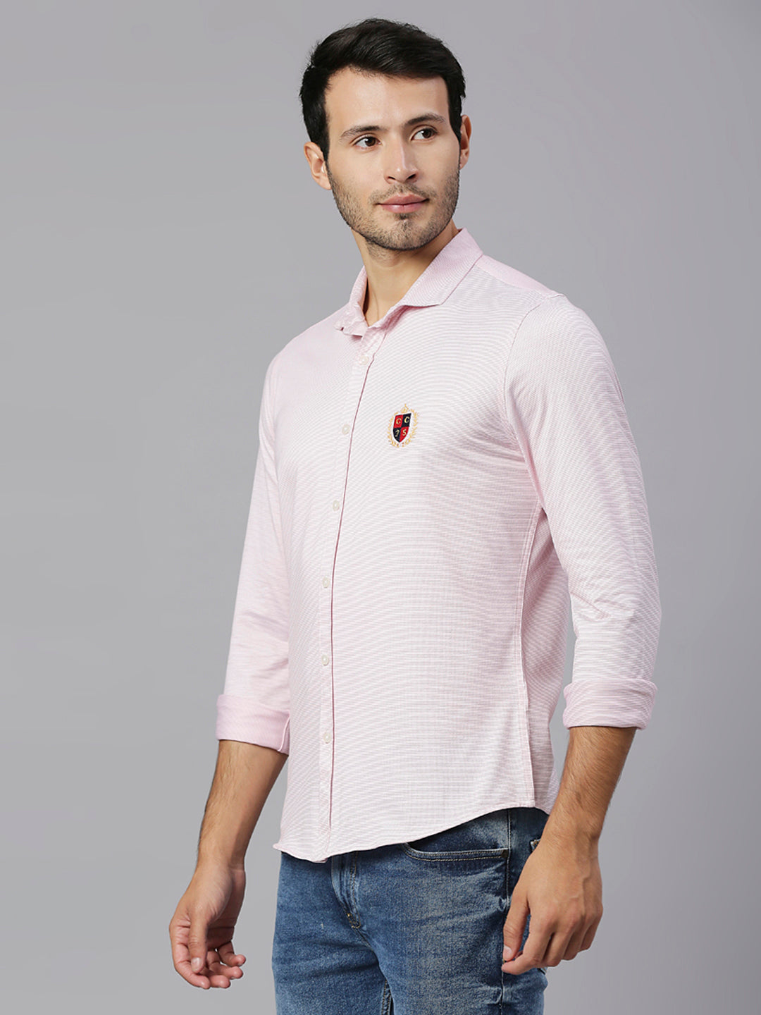 Thomas Scott Men Pink Classic Slim Fit Long Sleeves Spread Collar Pinstripes Knitted Casual Shirt