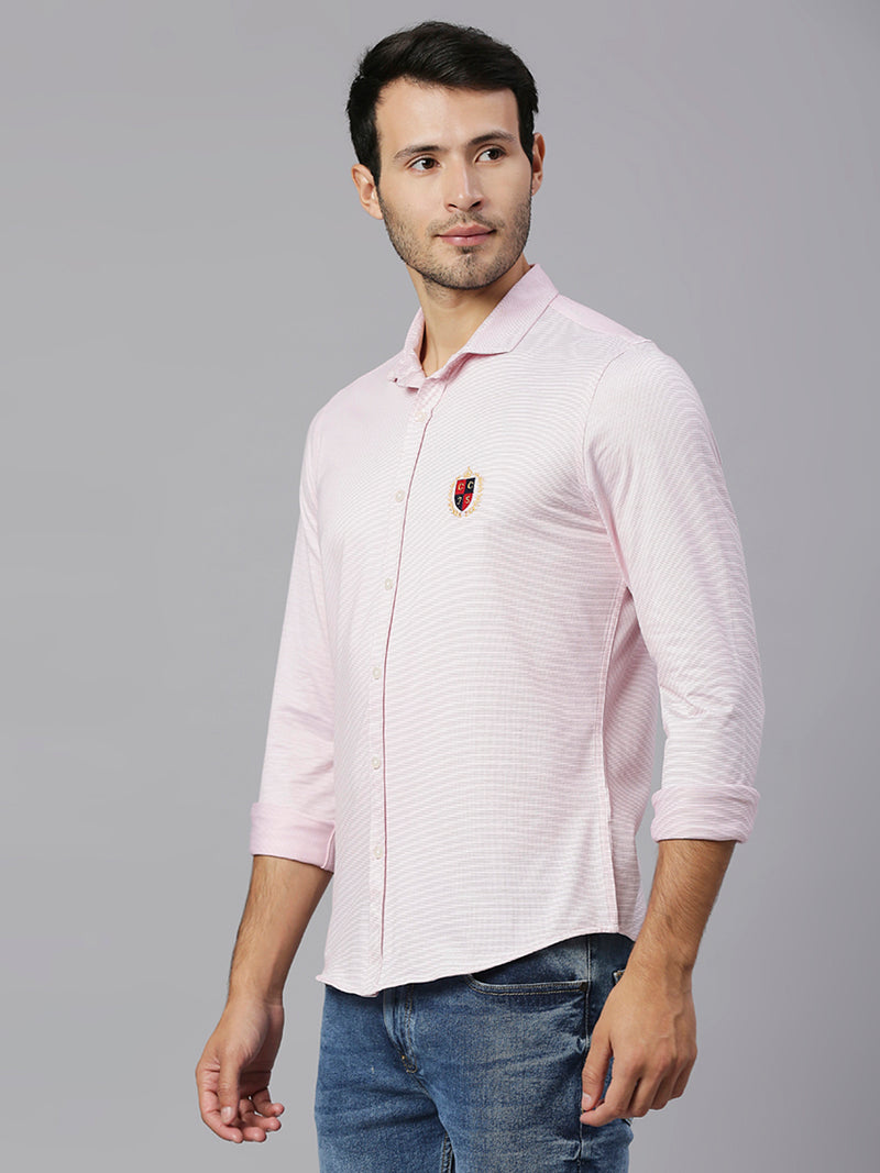 Thomas Scott Men Pink Classic Slim Fit Long Sleeves Spread Collar Pinstripes Knitted Casual Shirt