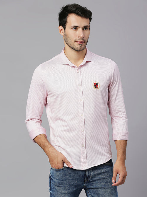 Thomas Scott Men Pink Classic Slim Fit Long Sleeves Spread Collar Pinstripes Knitted Casual Shirt