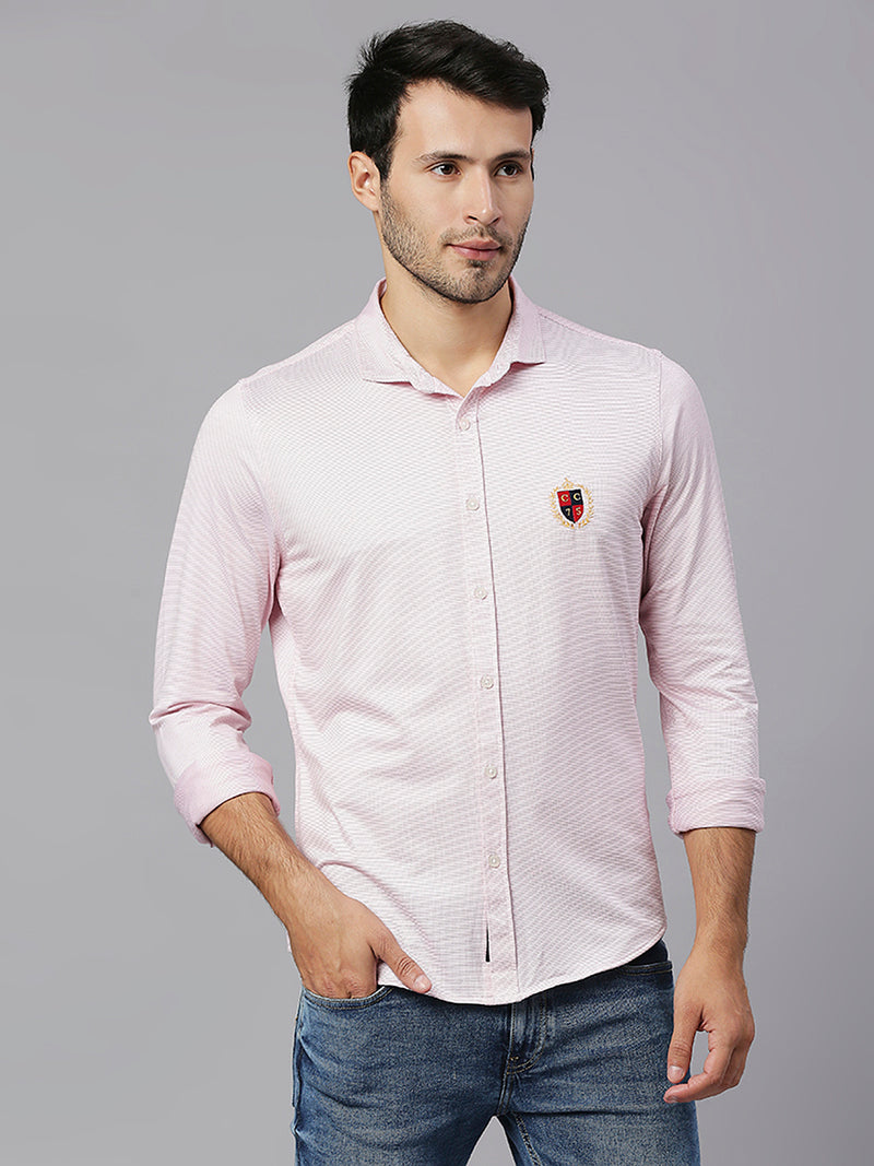 Thomas Scott Men Pink Classic Slim Fit Long Sleeves Spread Collar Pinstripes Knitted Casual Shirt